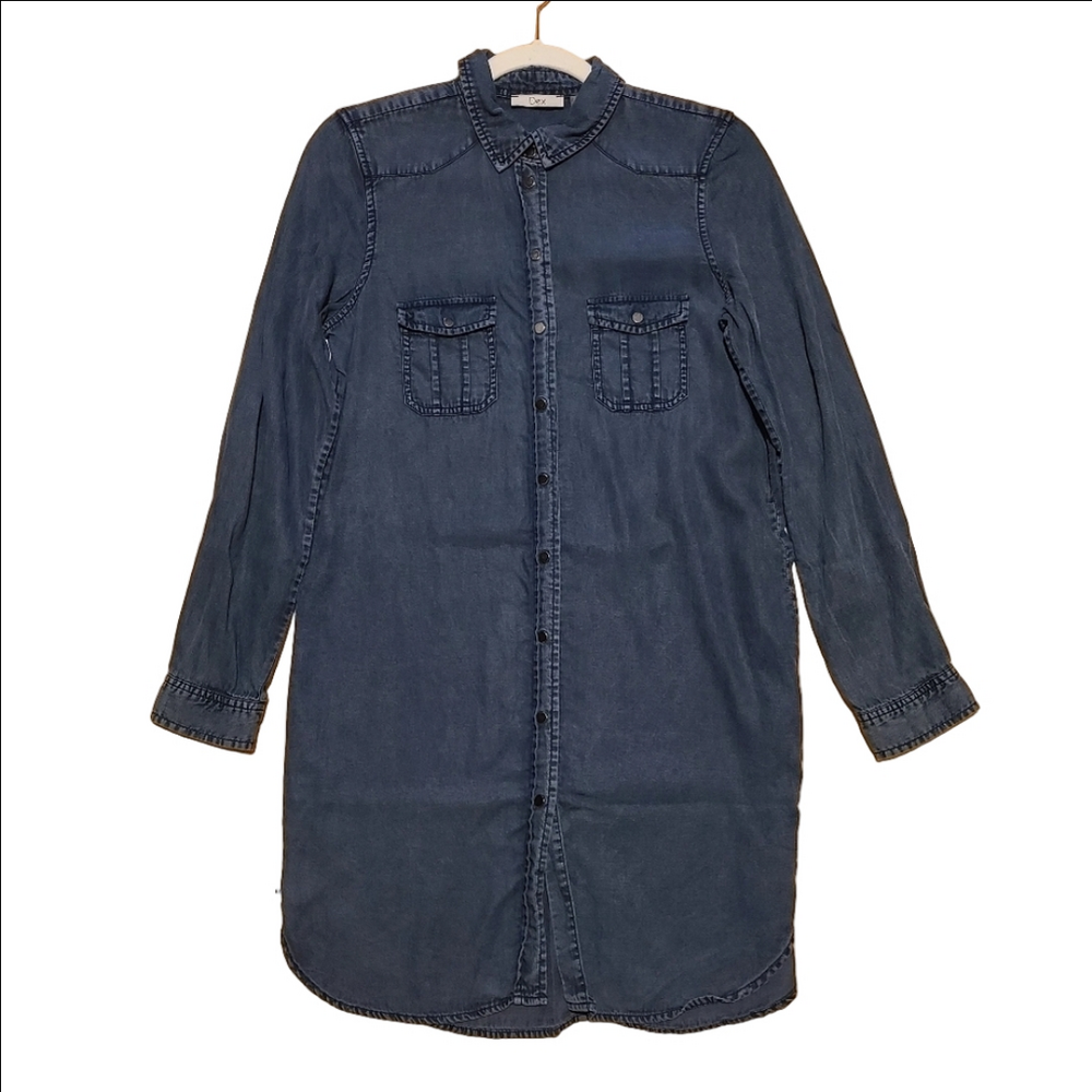 Dex Denim Chambray Shirt Dress Dark Wash Snap Buttons Long Sleeves Pockets XS
